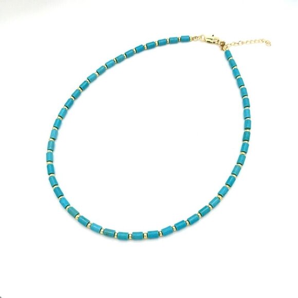 NWT Boho Beaded Choker Necklace Turquoise & 18K Gold Plated Beads 16” Western - Picture 10 of 11